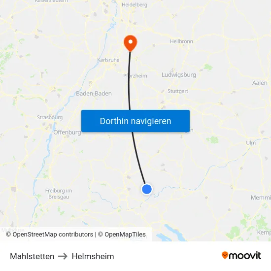 Mahlstetten to Helmsheim map