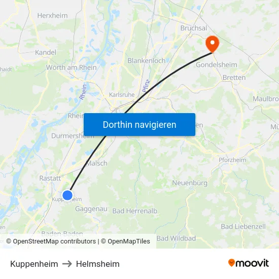 Kuppenheim to Helmsheim map