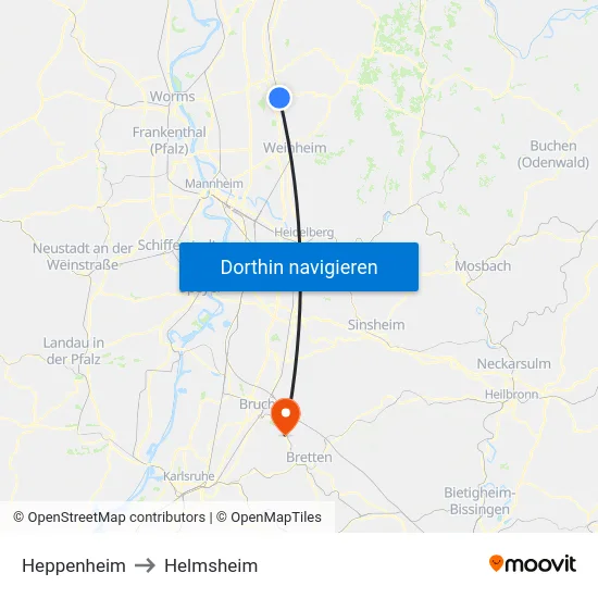 Heppenheim to Helmsheim map
