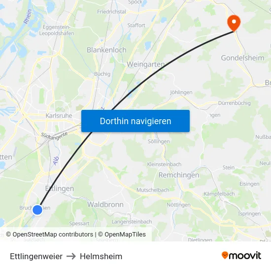 Ettlingenweier to Helmsheim map