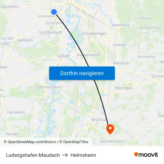 Ludwigshafen-Maudach to Helmsheim map