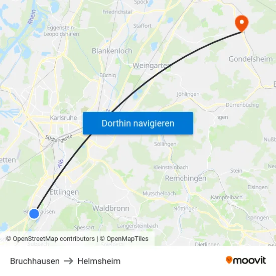 Bruchhausen to Helmsheim map