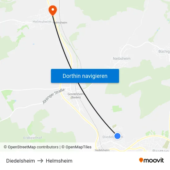 Diedelsheim to Helmsheim map