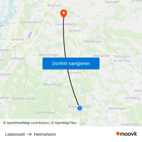 Liebenzell to Helmsheim map