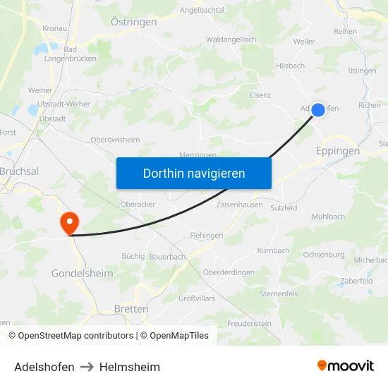 Adelshofen to Helmsheim map