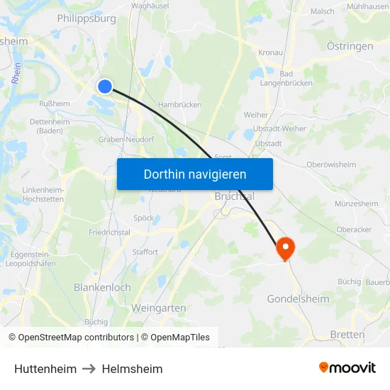 Huttenheim to Helmsheim map