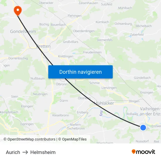 Aurich to Helmsheim map