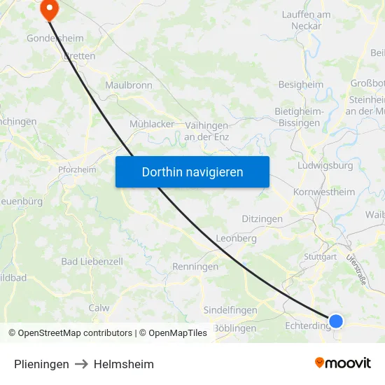 Plieningen to Helmsheim map