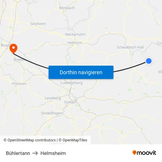 Bühlertann to Helmsheim map
