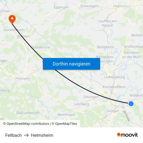 Fellbach to Helmsheim map