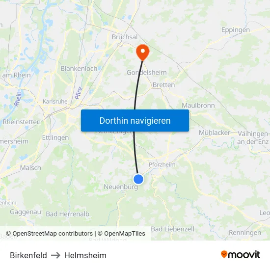 Birkenfeld to Helmsheim map