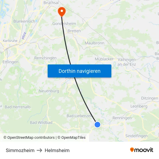 Simmozheim to Helmsheim map