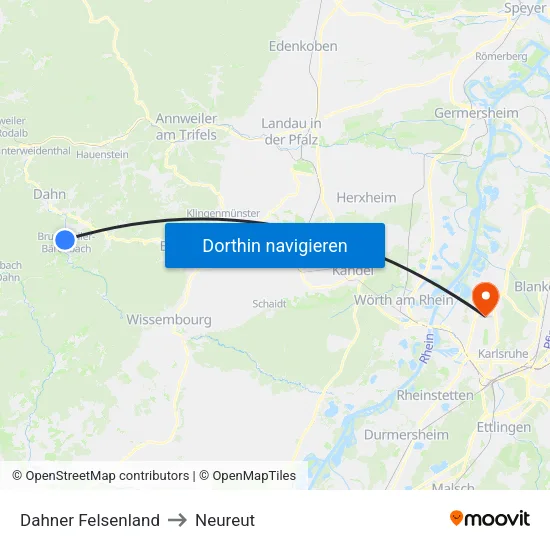 Dahner Felsenland to Neureut map