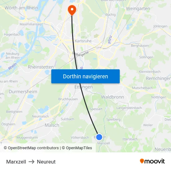 Marxzell to Neureut map