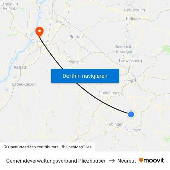Gemeindeverwaltungsverband Pliezhausen to Neureut map