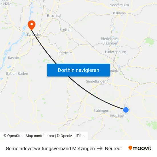 Gemeindeverwaltungsverband Metzingen to Neureut map