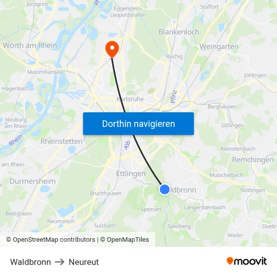 Waldbronn to Neureut map