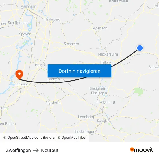 Zweiflingen to Neureut map