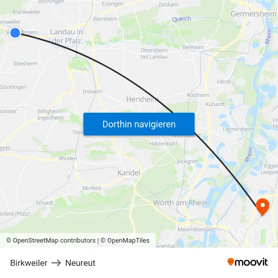 Birkweiler to Neureut map