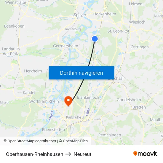 Oberhausen-Rheinhausen to Neureut map