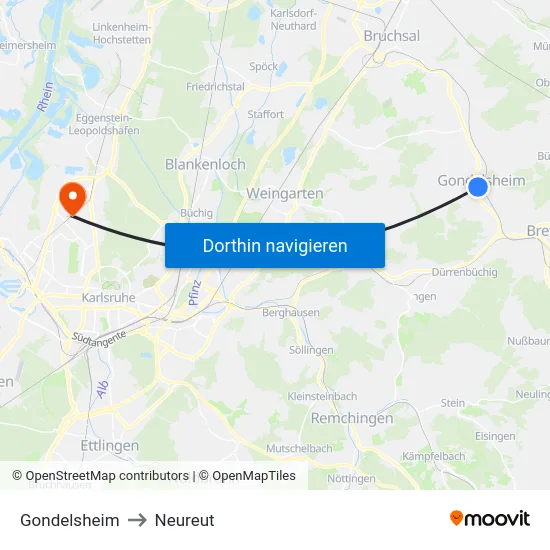 Gondelsheim to Neureut map