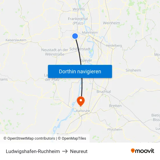 Ludwigshafen-Ruchheim to Neureut map