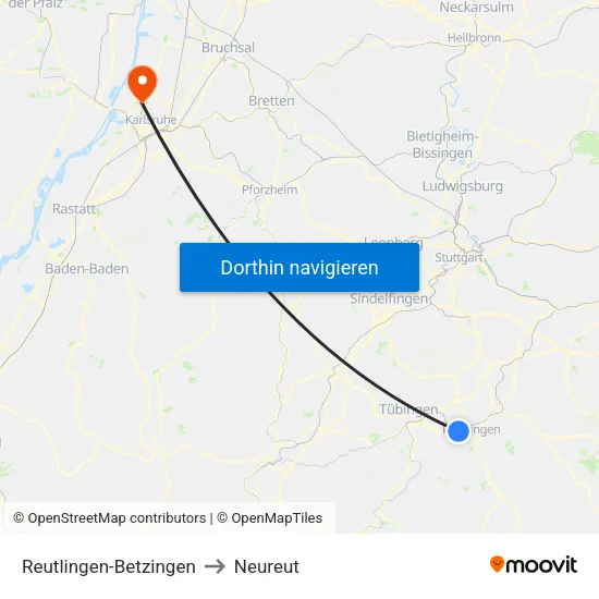 Reutlingen-Betzingen to Neureut map