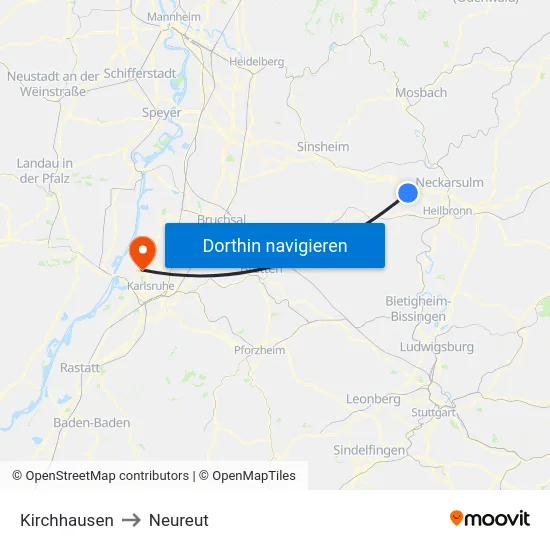 Kirchhausen to Neureut map