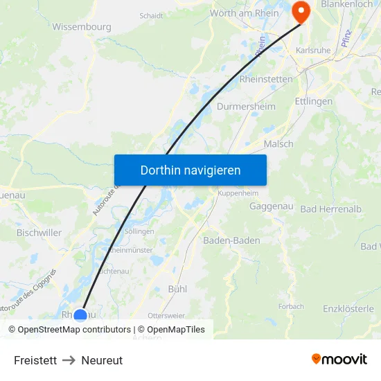 Freistett to Neureut map