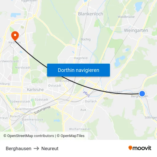 Berghausen to Neureut map