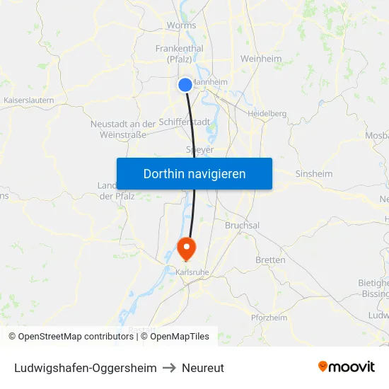 Ludwigshafen-Oggersheim to Neureut map