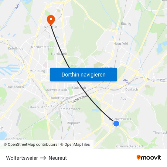Wolfartsweier to Neureut map