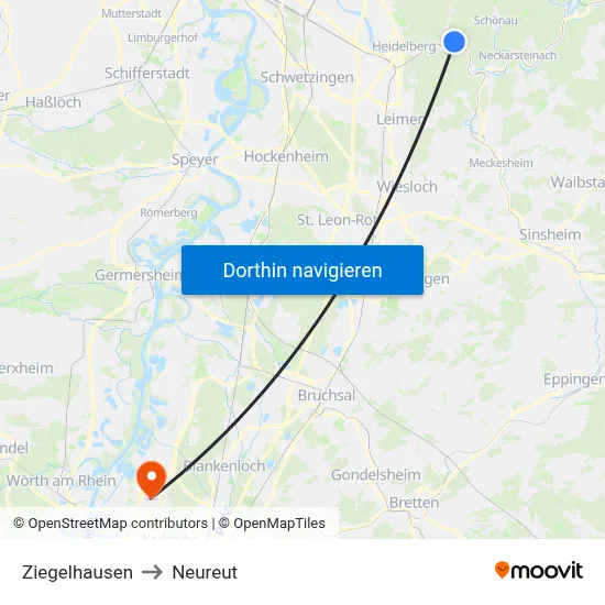 Ziegelhausen to Neureut map