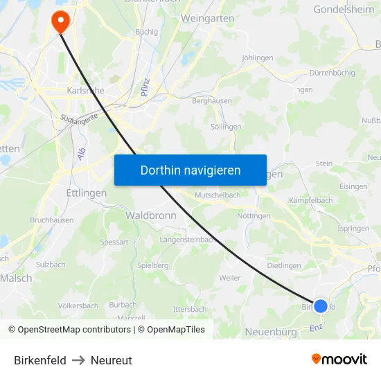 Birkenfeld to Neureut map