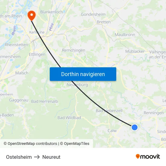 Ostelsheim to Neureut map