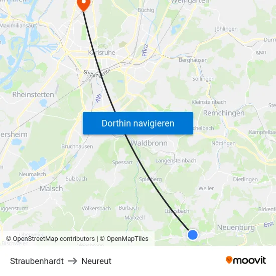 Straubenhardt to Neureut map