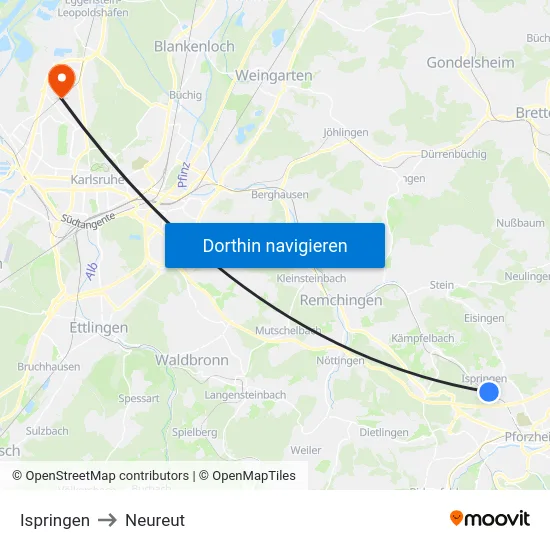 Ispringen to Neureut map