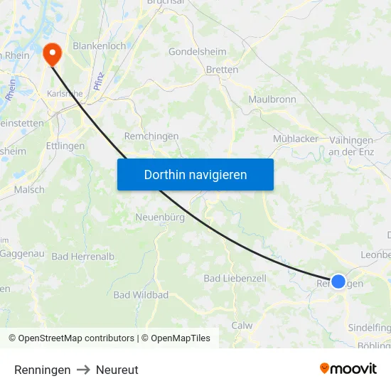 Renningen to Neureut map