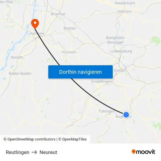 Reutlingen to Neureut map