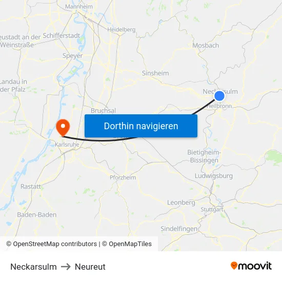 Neckarsulm to Neureut map