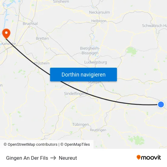 Gingen An Der Fils to Neureut map