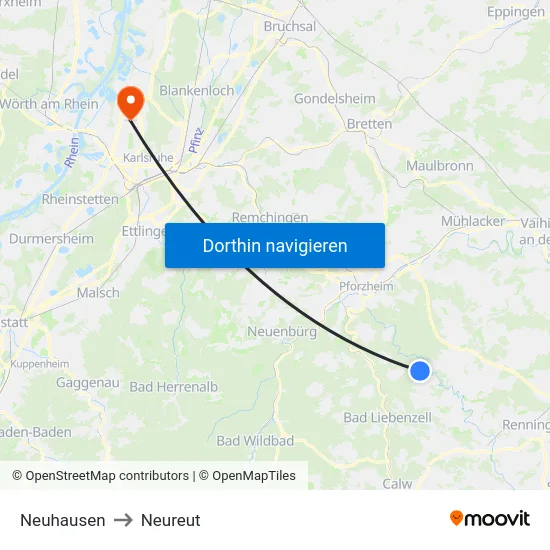 Neuhausen to Neureut map