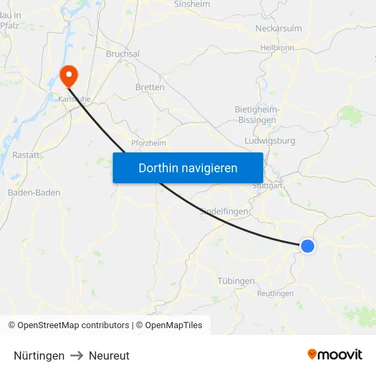 Nürtingen to Neureut map
