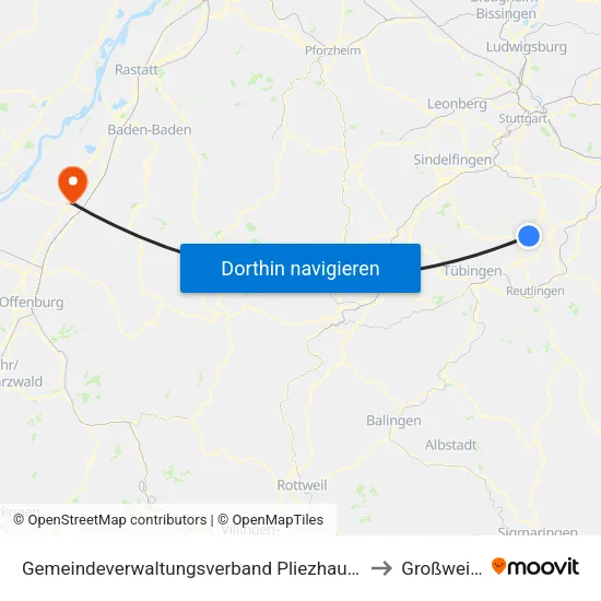 Gemeindeverwaltungsverband Pliezhausen to Großweier map