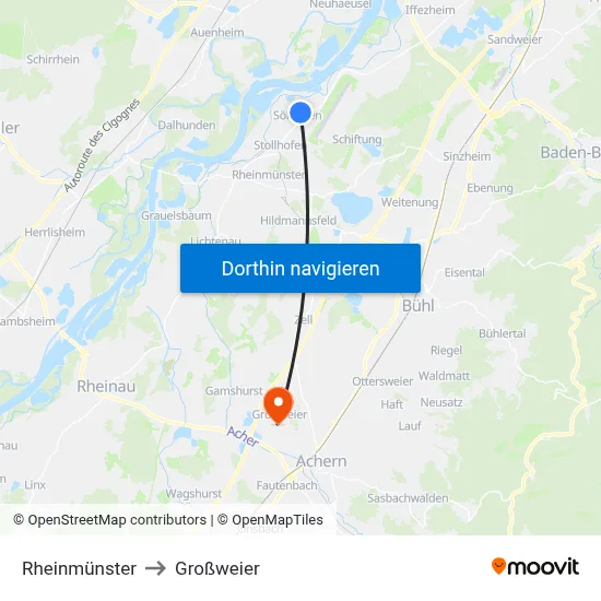 Rheinmünster to Großweier map