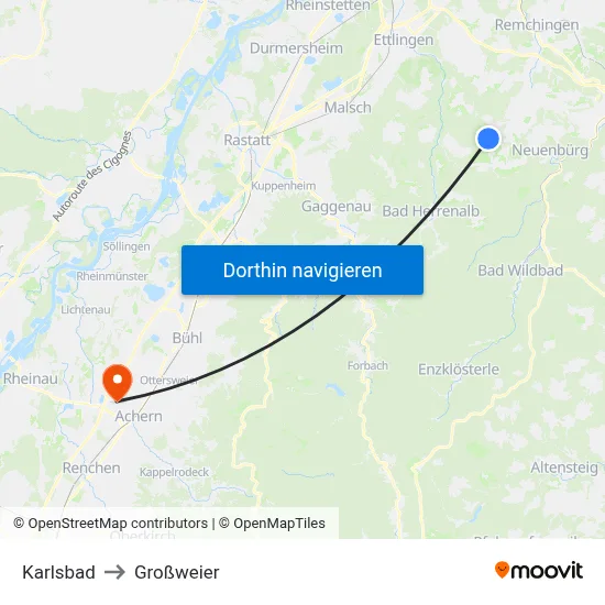 Karlsbad to Großweier map