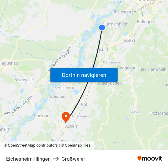 Elchesheim-Illingen to Großweier map