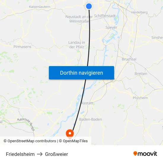 Friedelsheim to Großweier map