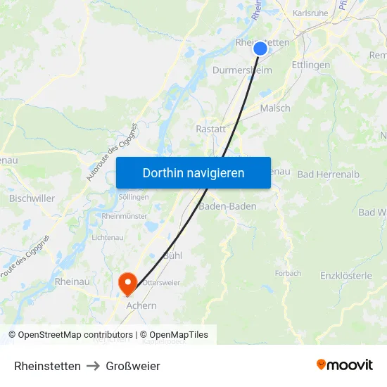Rheinstetten to Großweier map