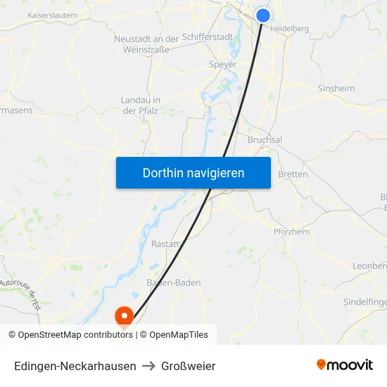 Edingen-Neckarhausen to Großweier map